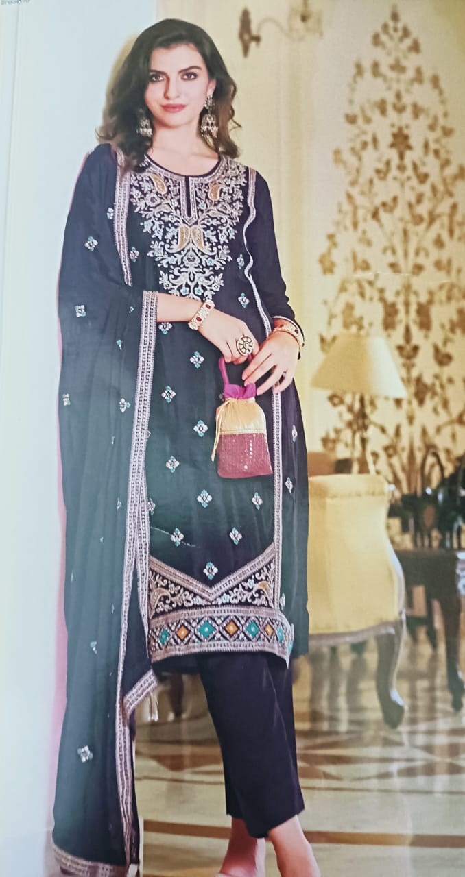 Unstitched chinnon silk party wear suit