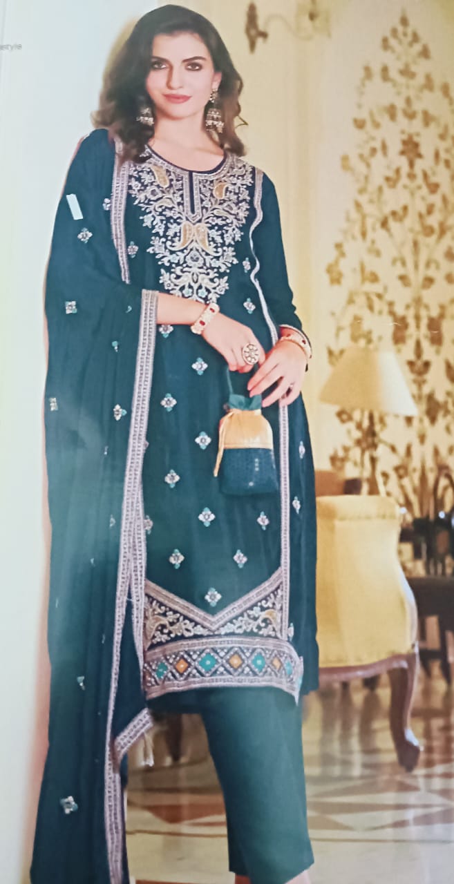 Unstitched chinnon silk party wear suit