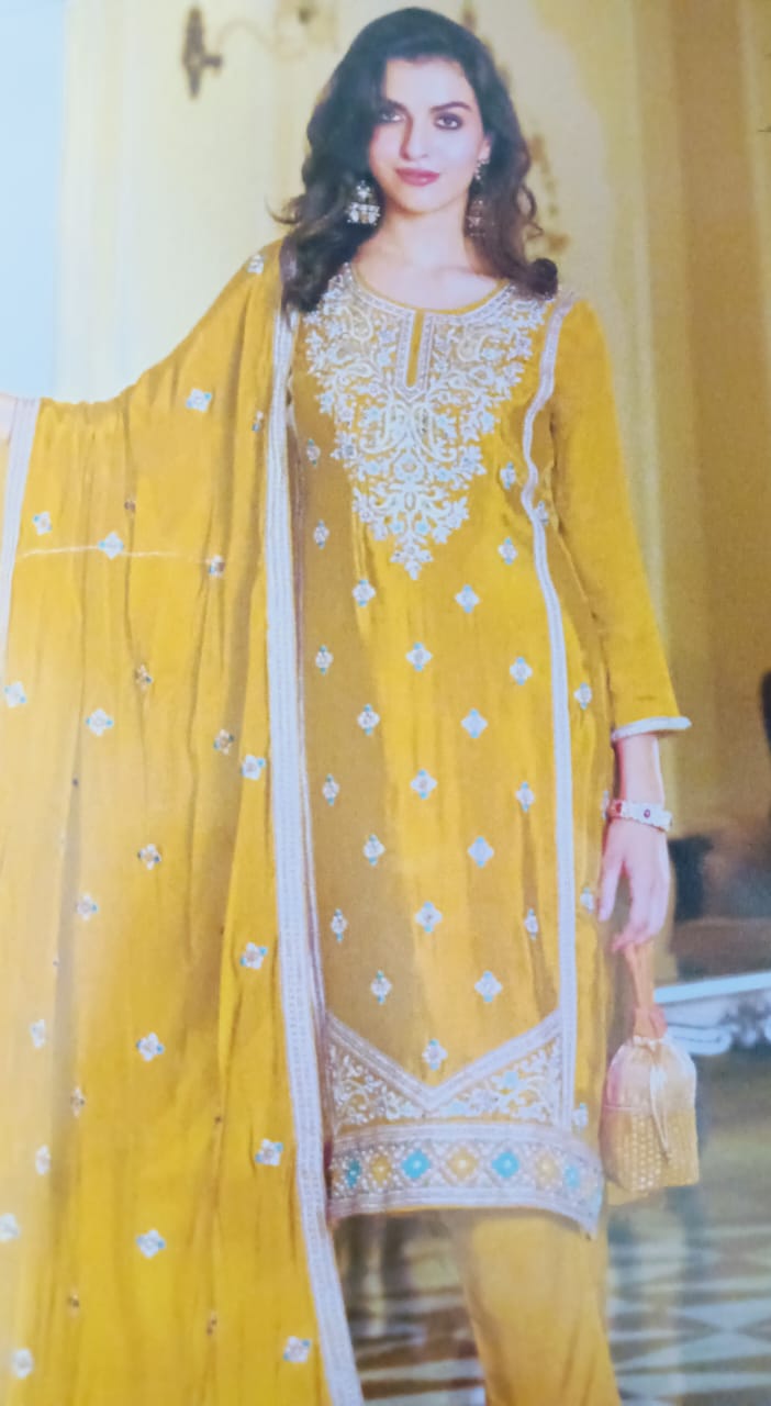 Unstitched chinnon silk party wear suit