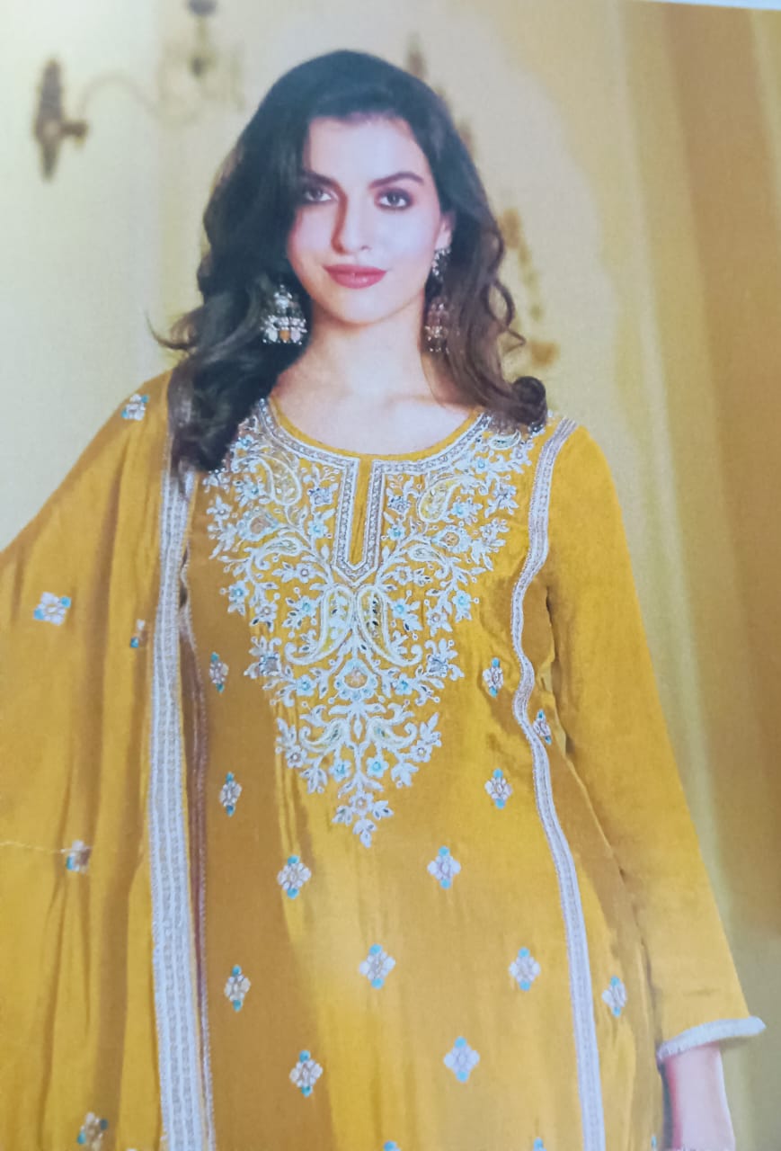 Unstitched chinnon silk party wear suit