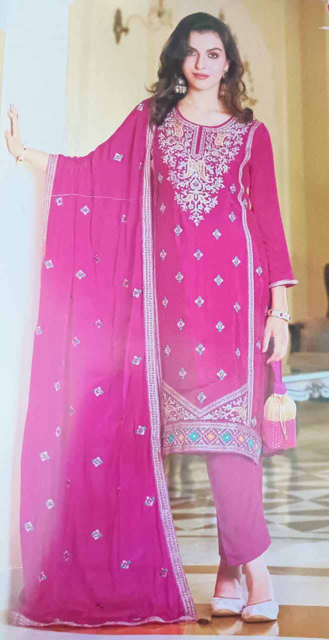 Unstitched chinnon silk party wear suit