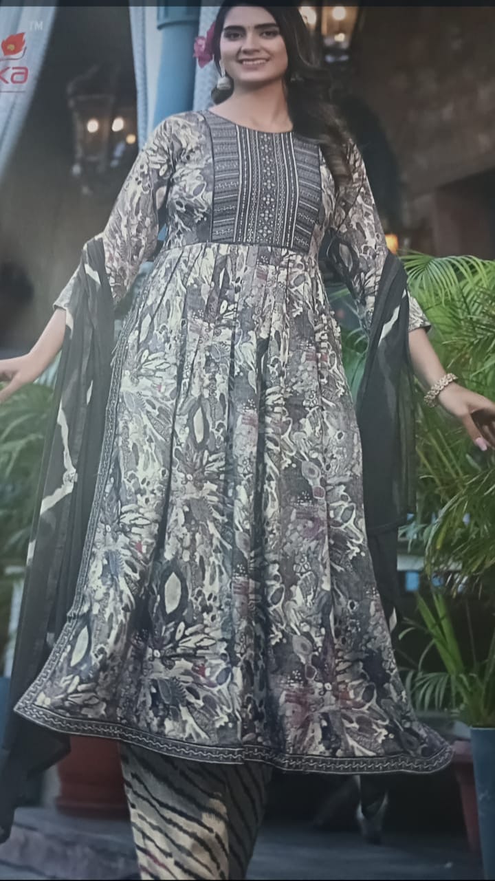 grey color patterned dress with a blurred background in cotton rayon