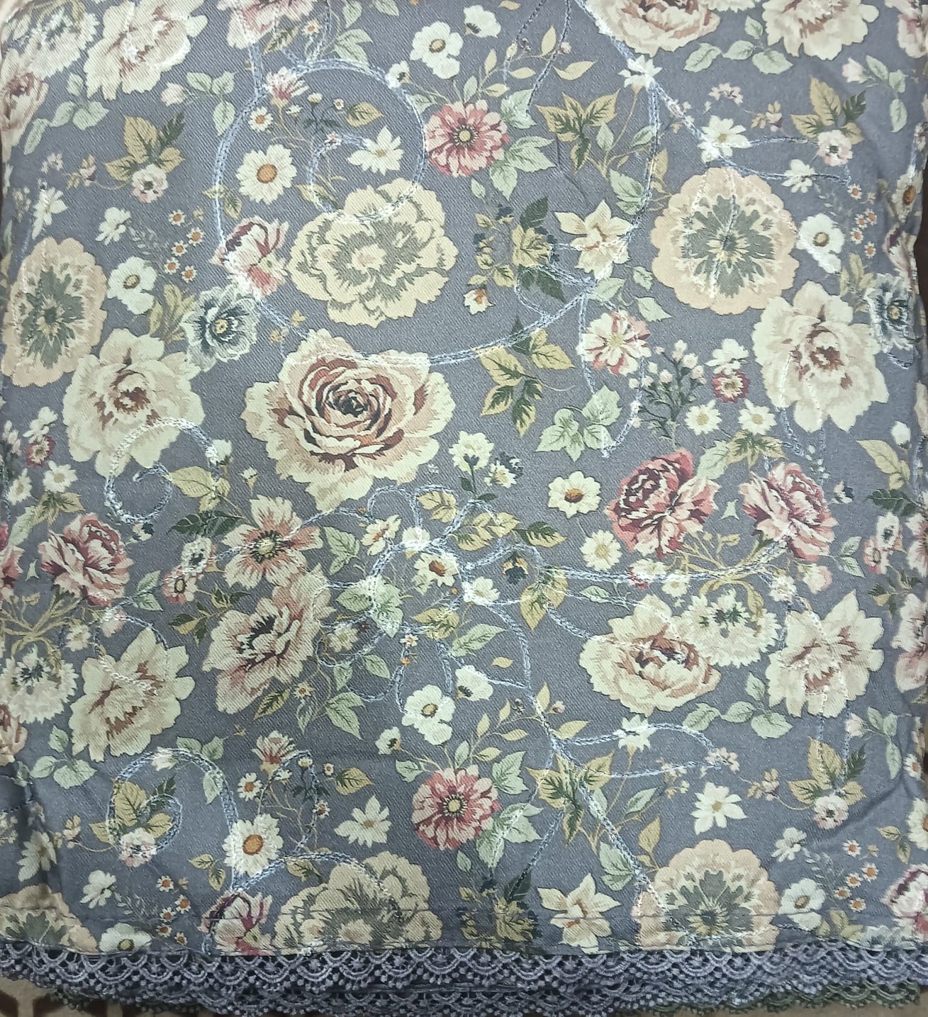 Pashmina suit flower print all over thread work in grey color | Cheap mart store ambala city