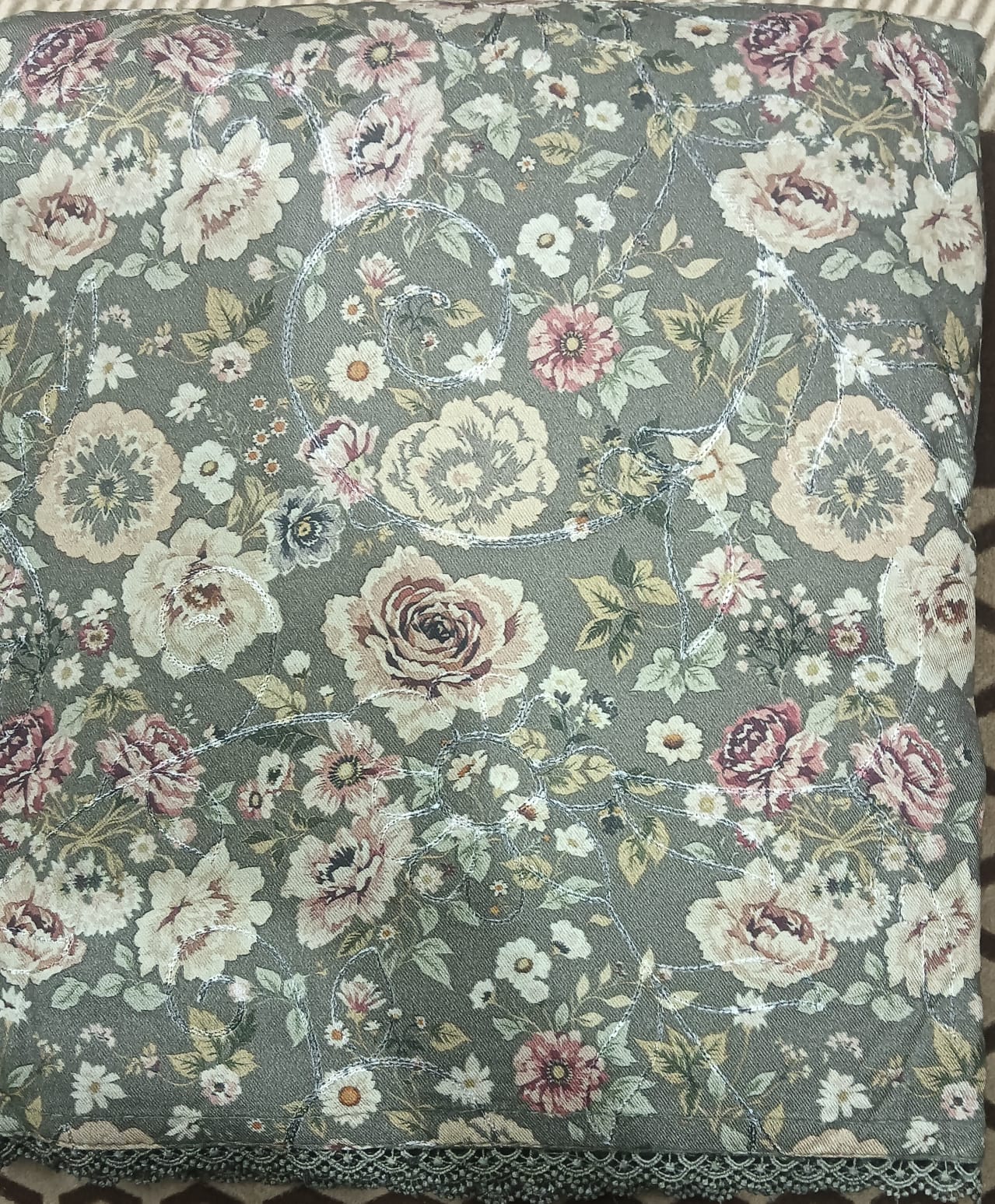 Pashmina suit flower print all over thread work in light green color | Cheap mart store ambala city