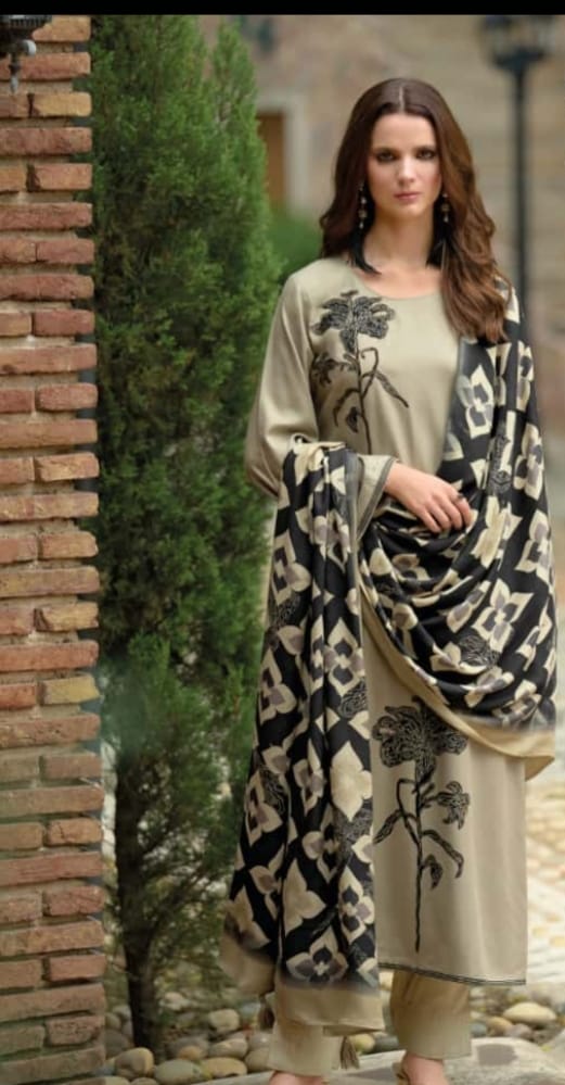 Pure viscose pashmina digital print with neck embroidery