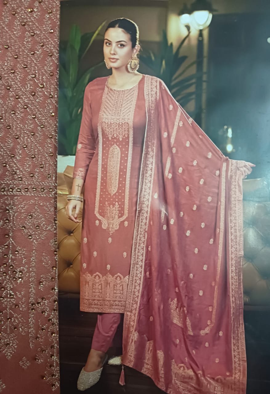 Pure woolen pashmina jequard dyed metalic pink