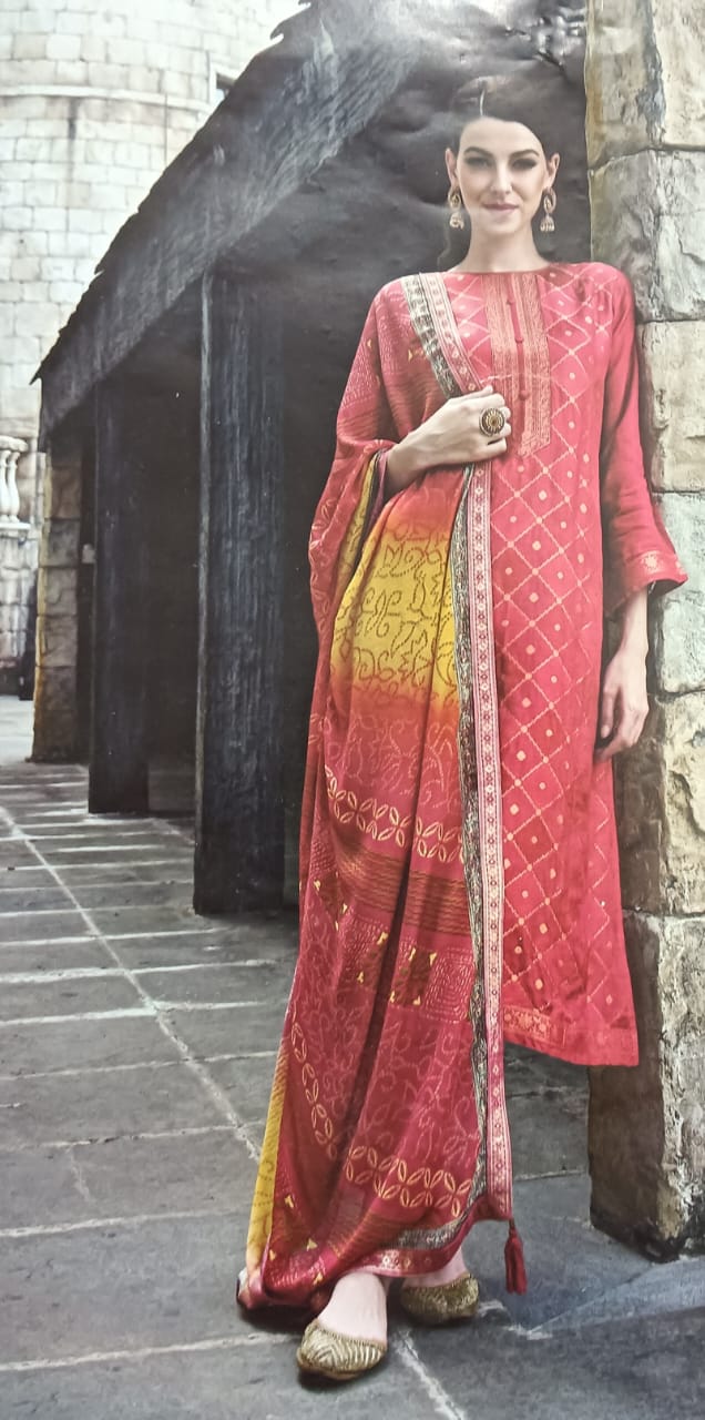 Silk unstitched suit with pure dupatta with tassels