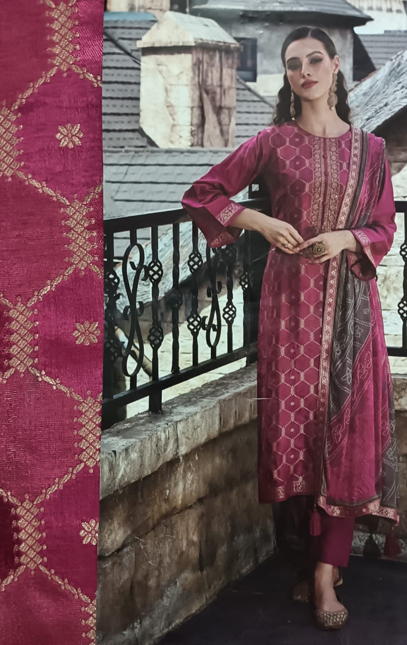 Silk unstitched suit with pure dupatta with tassels