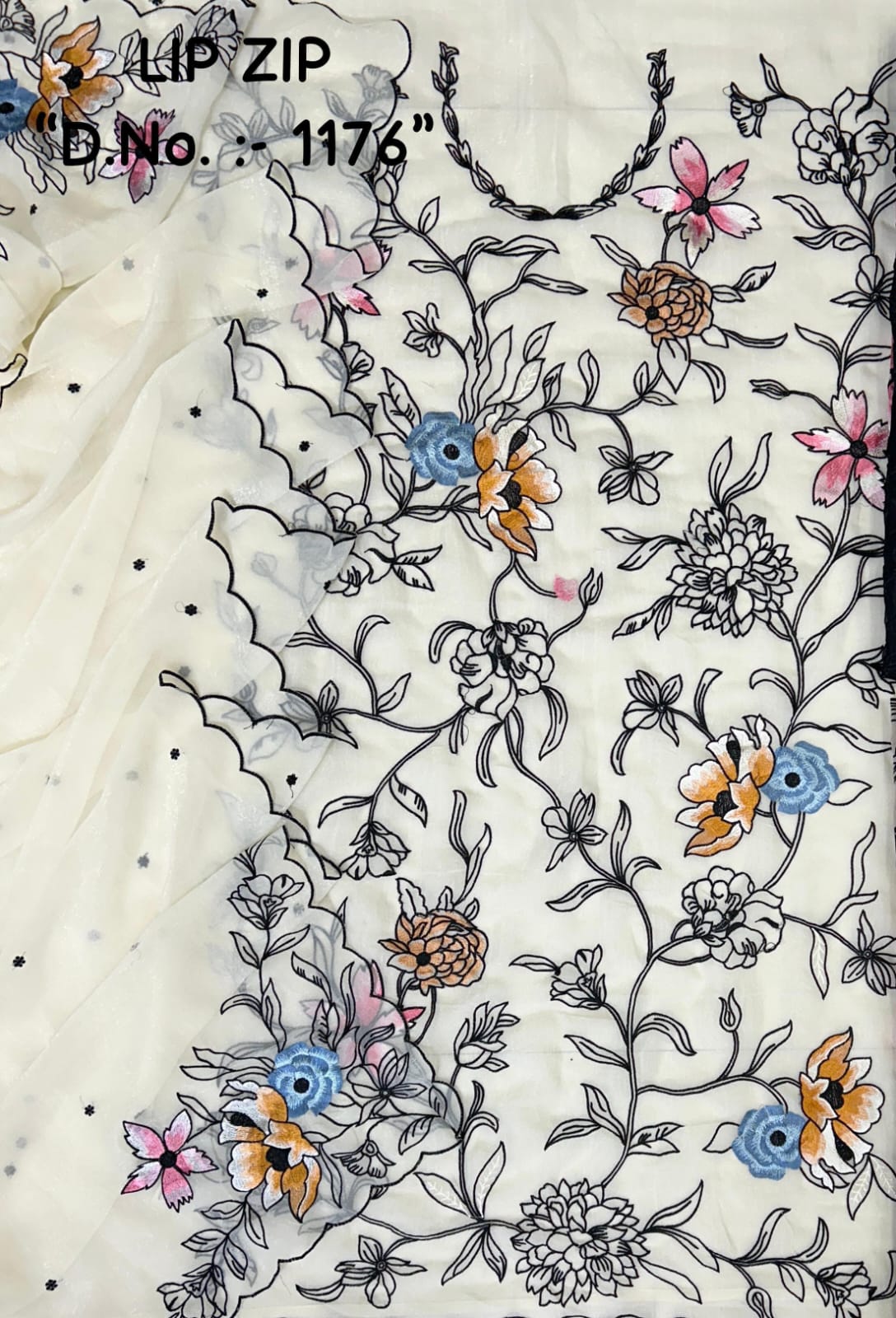 Embroidered fabric with floral patterns and text on a white background party wear shimmer